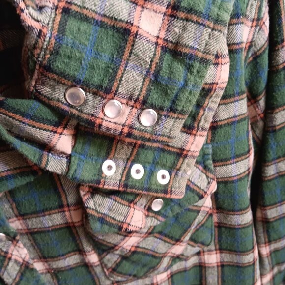 2XL Vintage Wrangler Mens Green Plaid Western Snap Button Flannel Cowboy Y2K - Picture 6 of 6